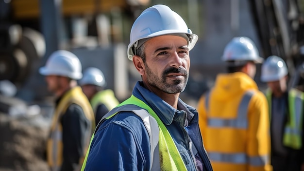 Feliz de equipo trabajador de la construcción trabajando en el sitio de construcción Hombre sonriendo con los trabajadores en la industria de la construcción blanca