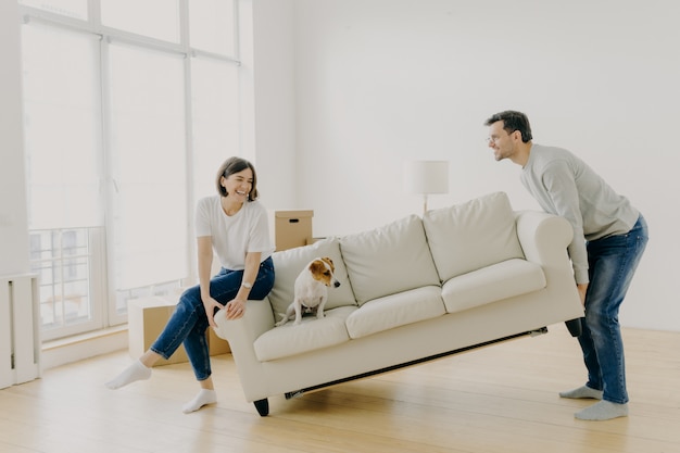 Feliz esposo y esposa colocan el sofá en la sala de estar, amueblan su primer hogar, se ayudan mutuamente en la renovación