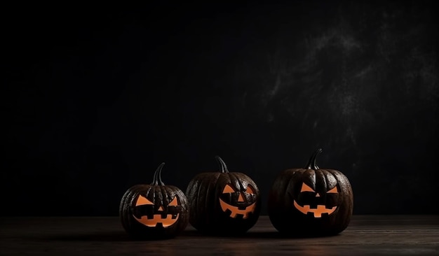 Feliz estandarte de Halloween con calabazas talladas en fondo oscuro Lugar para el texto IA generativa