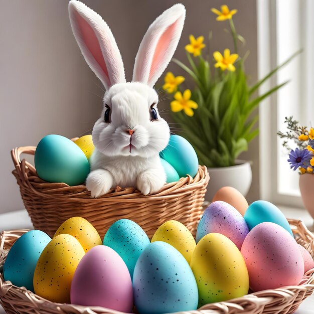 Feliz estandarte de Pascua con flores de conejo y huevos cartel de caza de huevos fondo de primavera en estilo moderno