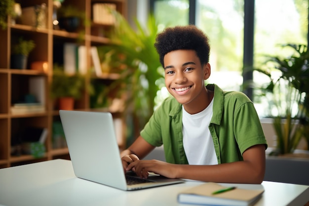 Feliz estudante adolescente afro-americano aprendendo em casa no pc escrevendo notas Adolescente sorridente usando laptop assistindo webinar híbrido aprendendo inglês aula virtual on-line sentado na mesa de casa