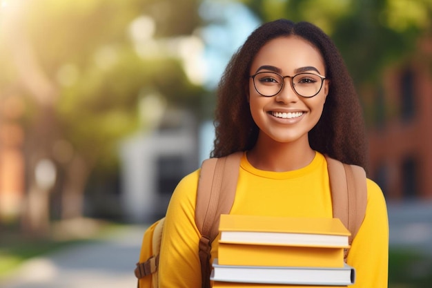 Foto feliz estudante afro-americana posando com mochila segurando livros sorrindo olhando de lado