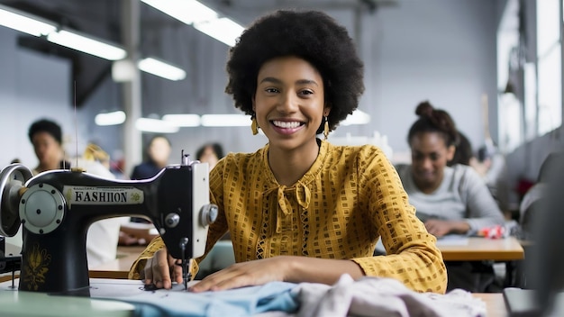 Feliz estudante de moda negra criativa ou designer sentado e sorrindo em classe por uma máquina de costura w