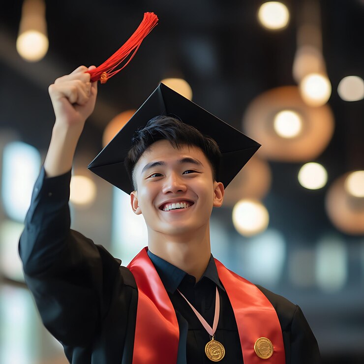 Un feliz estudiante asiático celebra el éxito de su graduación
