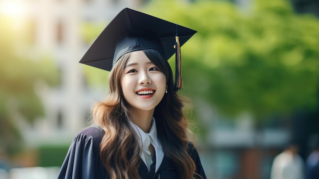 Una feliz estudiante graduada sonriente con una bata académica de pie frente a la universidad