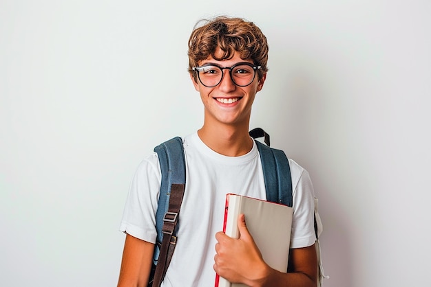 feliz estudiante inteligente con bolsa sobre fondo blanco aislado