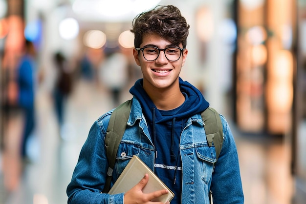 feliz estudiante inteligente con bolsa sobre fondo blanco aislado