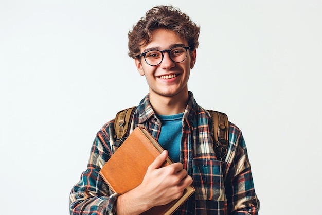 feliz estudiante inteligente con bolsa sobre fondo blanco aislado