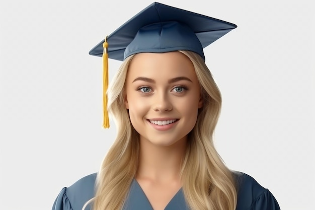 Feliz estudiante rubia con una sonrisa sobre fondo blanco IA generativa