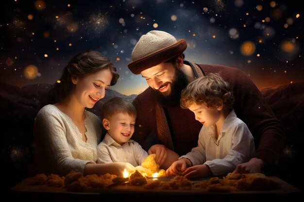 Foto feliz família acendendo velas de hanukkah