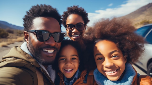 Feliz família afro-americana de pais e dois filhos tirando selfies sorrindo Criado com tecnologia Generative AI