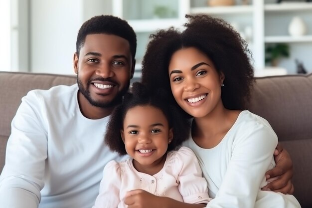 Feliz família afro-americana passando tempo juntos, sentada no sofá