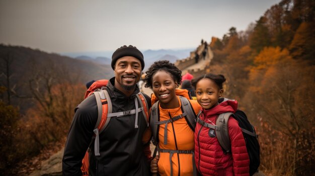 Feliz familia afroamericana haciendo senderismo en la Gran Muralla de China y mirando a la cámara IA generativa