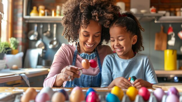 Feliz familia afroamericana madre e hija decorando huevos de Pascua mientras están sentados en la cocina