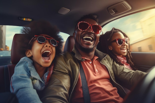 Feliz familia afroamericana de padre e hijos disfrutando juntos de un viaje por carretera IA generativa