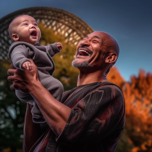 Foto feliz familia amorosa padre y su hijo niño jugando y abrazando al aire libre