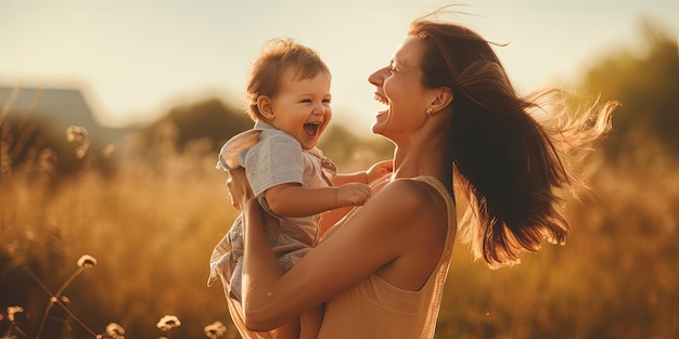 Feliz familia armoniosa al aire libre, la madre arroja al bebé riendo y jugando en el verano