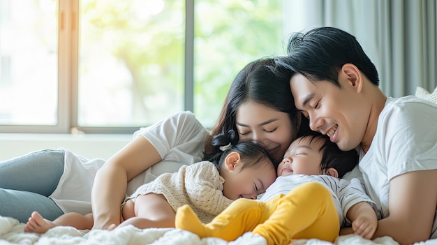 Feliz familia asiática, madre, padre e hija, haciendo un divertido juego de dormir en el fondo de la sala de estar