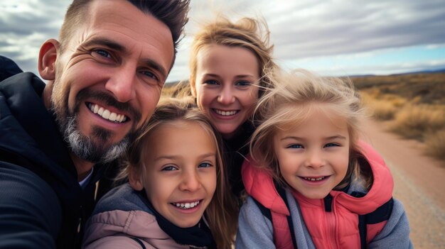 Feliz familia caucásica de padres y dos hijos tomando selfies sonriendo Creado con tecnología de IA generativa