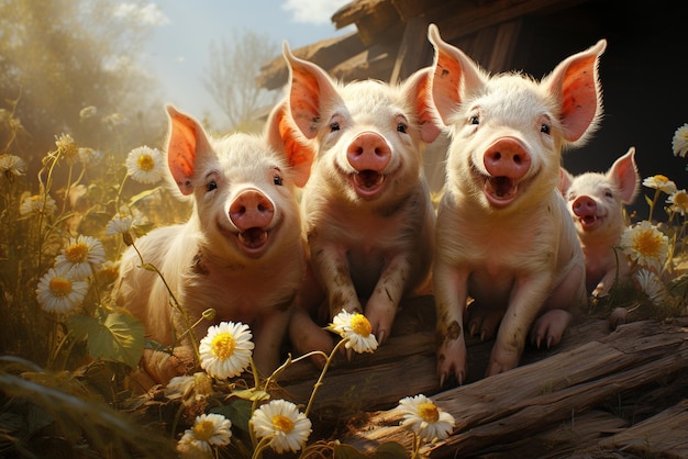 Feliz familia de cerdos en el prado en las montañas divertidos lechones rosados en la granja