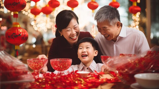 Feliz familia china disfrutando de la celebración del año nuevo lunar