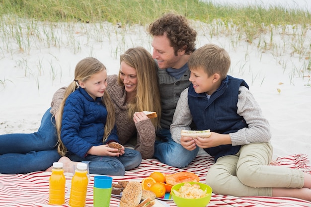 Feliz familia de cuatro en un picnic de playa