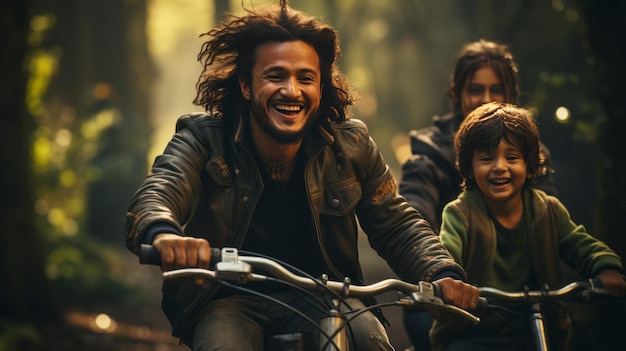 feliz familia étnica padre madre con hijo andar en bicicleta en el parque