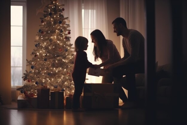 Foto feliz familia con feliz navidad regalo mágico cerca del árbol por la noche en casa