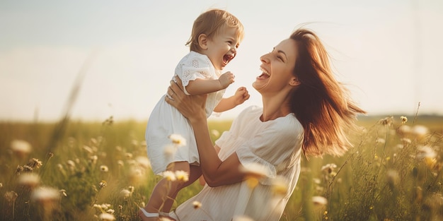 Feliz família harmoniosa mãe ao ar livre vomita bebê rindo e brincando no verão