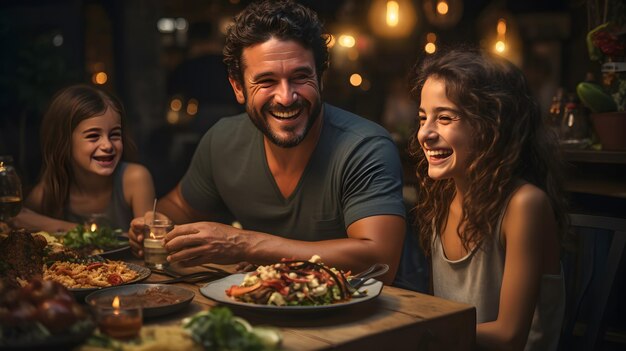 Una feliz familia hispana celebrando en una cena en casa durante las vacaciones de Navidad