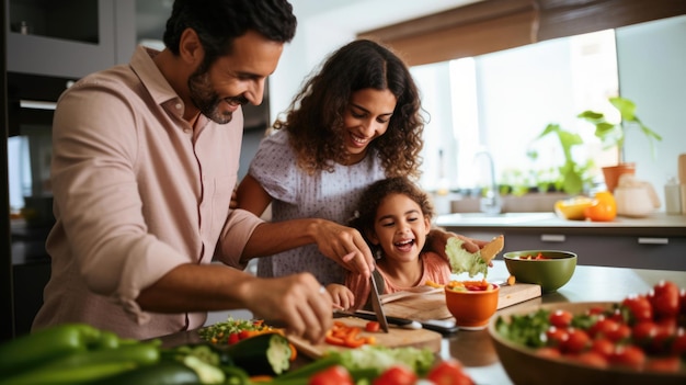 Feliz familia hispana divirtiéndose cocinando juntos en una cocina moderna Concepto de unidad de alimentos y padres