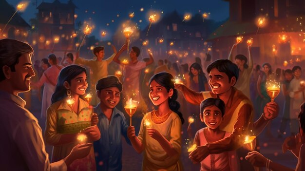 Feliz familia india celebrando el festival de Diwali Generativo Ai