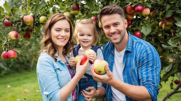 Foto la feliz familia joven durante la recolección de manzanas en un jardín al aire libre