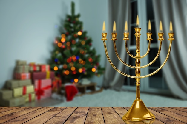 Feliz familia judía celebra Hanukkah. Festival de luces