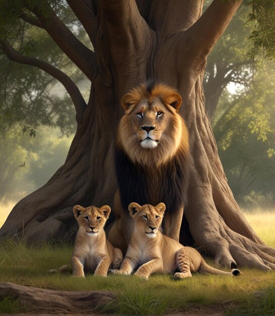 Foto una feliz familia de leones descansando bajo un árbol