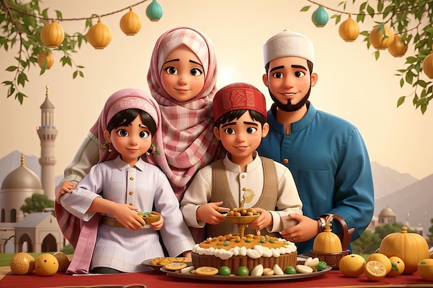 Feliz familia musulmana celebra el Eid AlAdha la Fiesta del Sacrificio Kurban Bayram