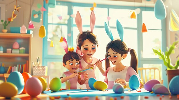 Feliz familia de Pascua madre y niños alegres con orejas se están preparando para las vacaciones y pintando huevos