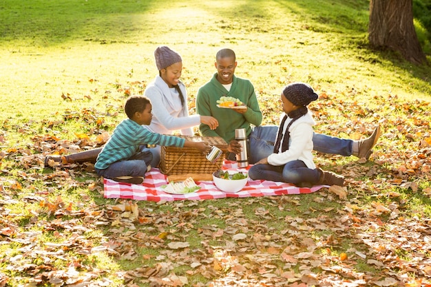 Feliz família picnicking no parque juntos