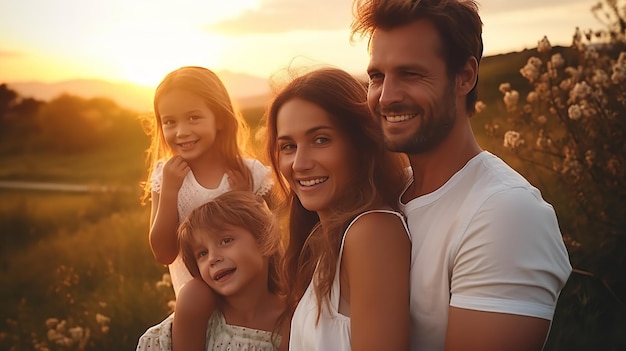 Feliz familia significativa en una puesta de sol Generative Ai