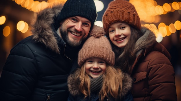 Foto una feliz familia de tres personas posando para una foto frente a un fondo borroso de luces