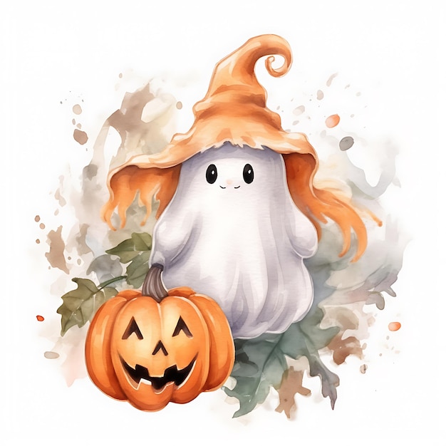 Feliz fantasma de Halloween Fantasma lindo con calabaza Temporada espeluznante Ilustración de dibujos animados de Boo de Halloween