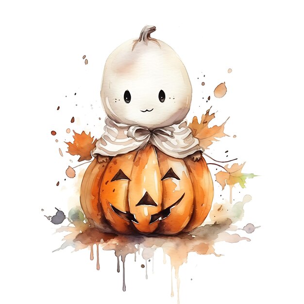 Feliz fantasma de Halloween Fantasma lindo con calabaza Temporada espeluznante Ilustración de dibujos animados de Boo de Halloween
