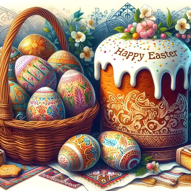 Feliz felicitación de Pascua con una canasta de huevos decorados y pastel tradicional