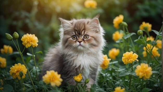 Feliz felpudo joven gatito hermoso rodeado de flores amarillas frescas contra