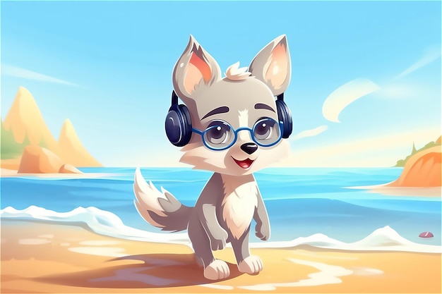 Feliz férias de verão Lobo bonito dos desenhos animados na praia Ilustração Imagem gerada por IA pós-processada