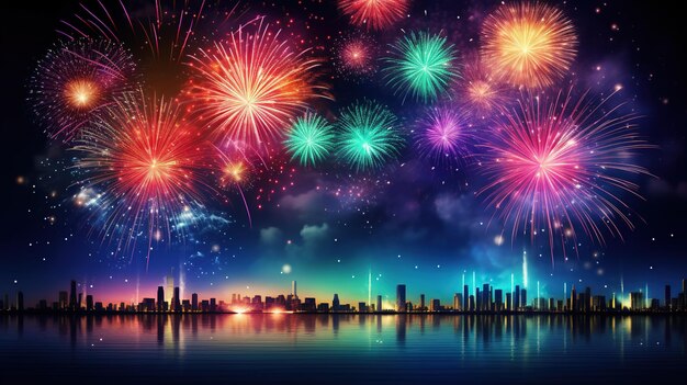 Feliz festa de ano novo com fogos de artifício coloridos à noite