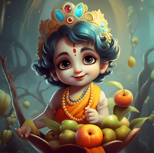 Feliz festival de Janmashtami Pequeno desenho animado Senhor Krishna Digital Background Generative Ai