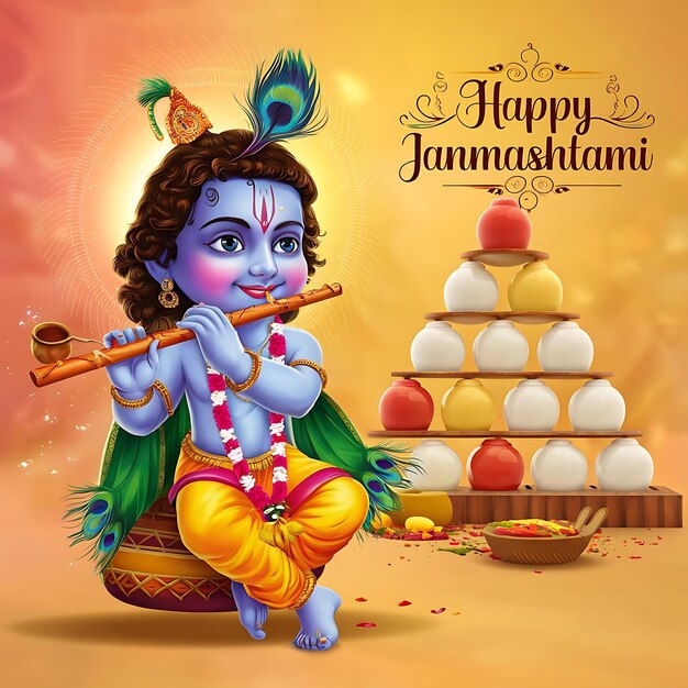 Foto feliz festival indio de janmashtami celebrando el nacimiento de krishna banner de fondo tarjetas de felicitación