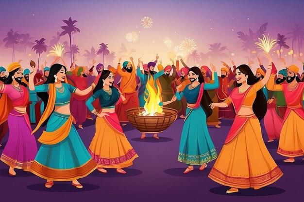 Feliz festival Lohri de Punjab Índia fundo grupo de pessoas tocando dança lohri