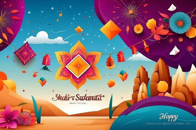 Foto feliz festival de makar sankranti estandarte cometa latai y dulces ilustración